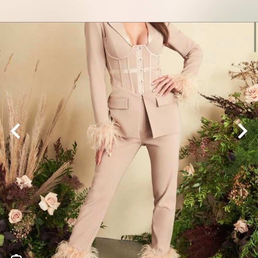 Lavish Alice Elegant Beige Jumpsuit with Feather Details